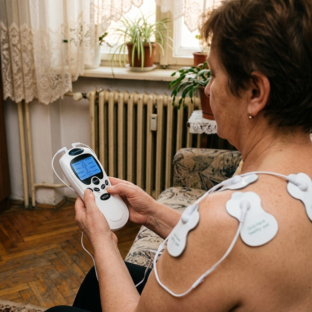 Digitális TENS masszírozó LCD-kijelzővel - használat közben