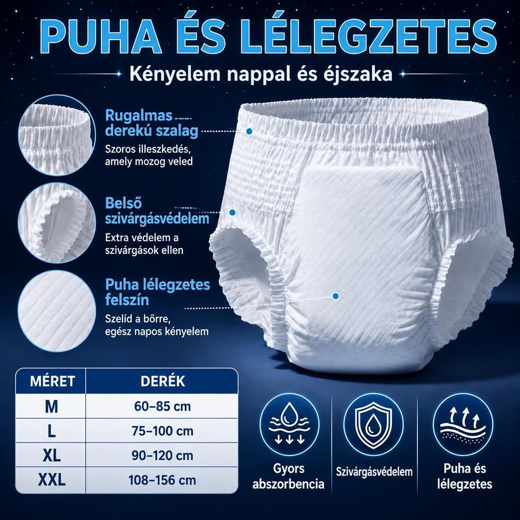Felnőtt pelenka bemutatása funkciókkal, mérettáblázattal és tulajdonságikonokkal.