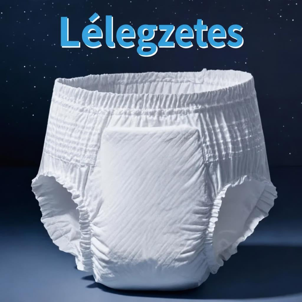 Fehér felnőtt pelenka sötét háttér előtt Lélegzetes felirattal.