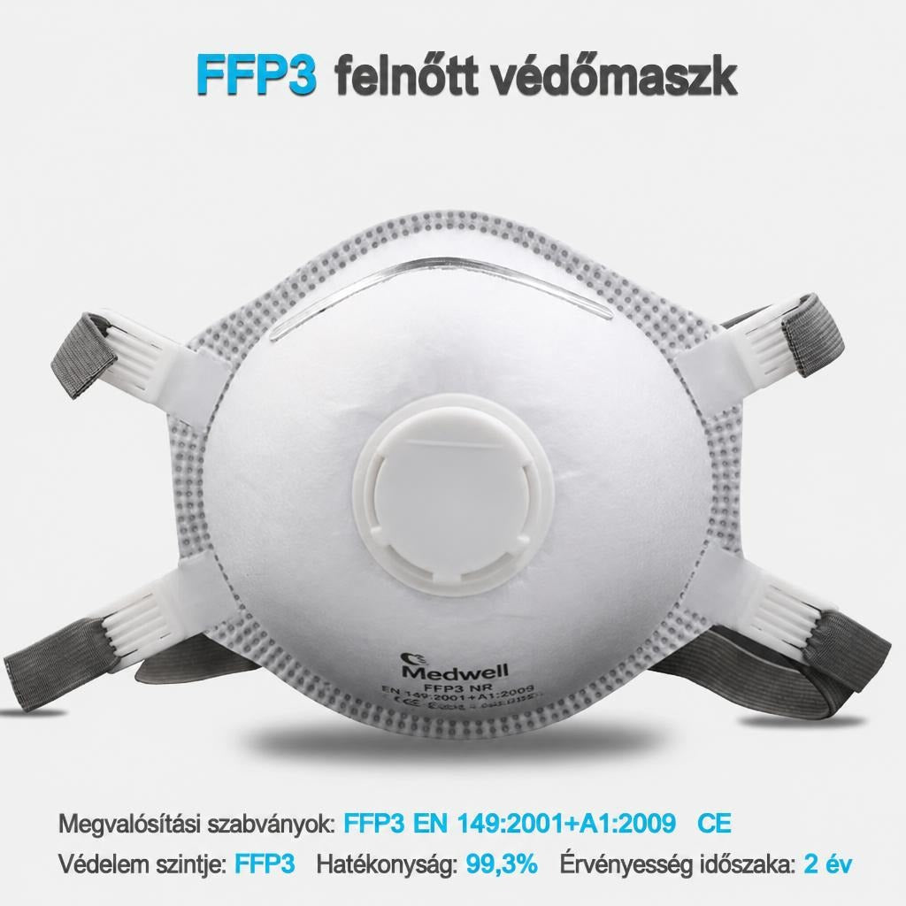 Medwell FFP3 felnőtt szelepes védőmaszk fehér színben, termékinformációkkal.