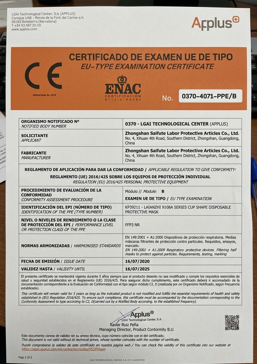 EU-típusvizsgálati tanúsítvány dokumentuma védőmaszkhoz.
