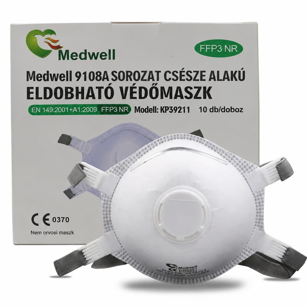 Medwell FFP3 szelepes részecskeszűrő félálarc és a termék doboza.