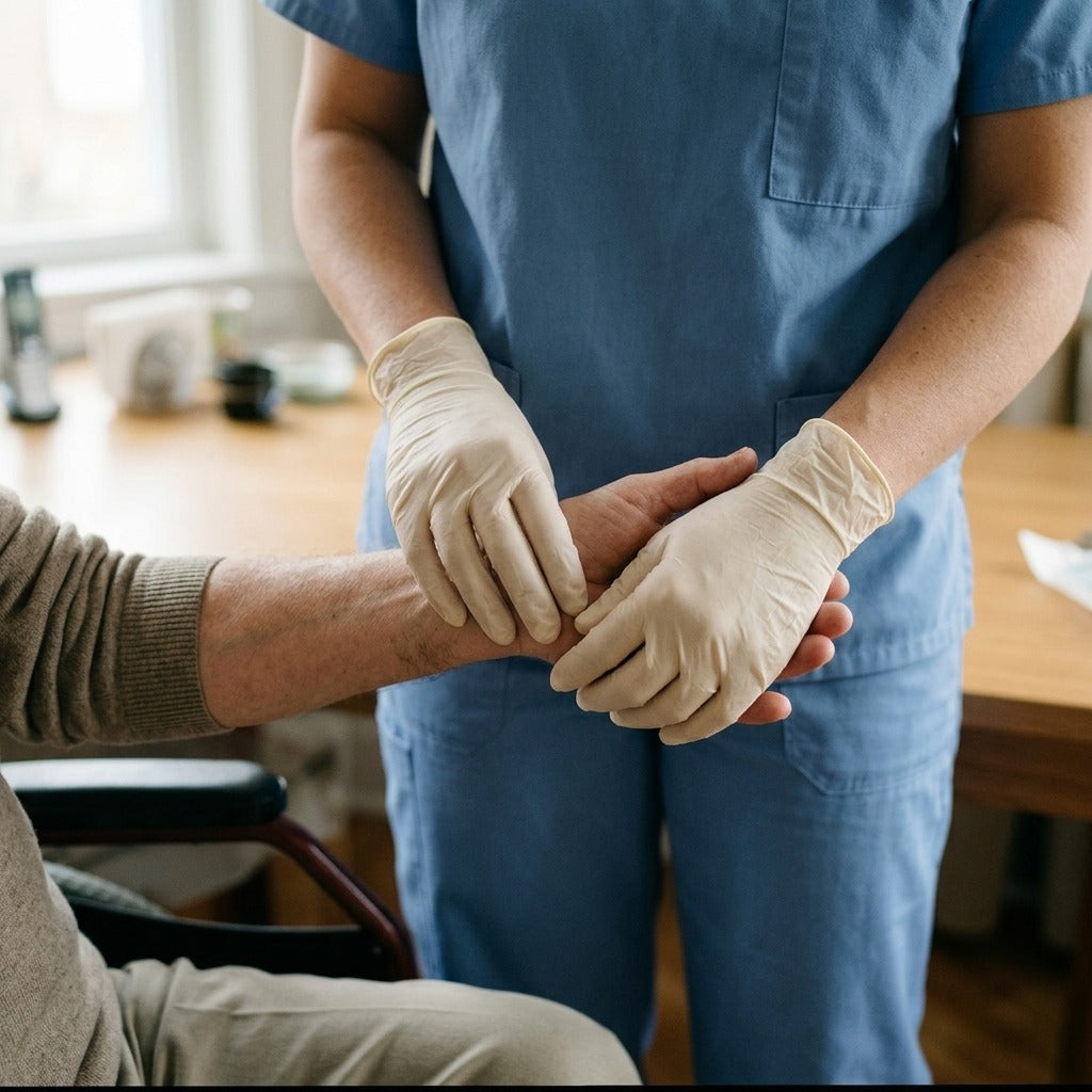 Disposable White Latex Examination Gloves - in use