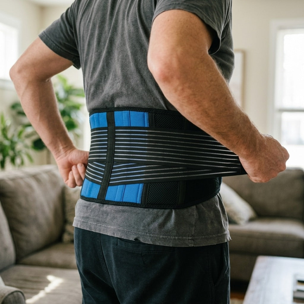 Double-Pull Lower-Back Support Brace - in use