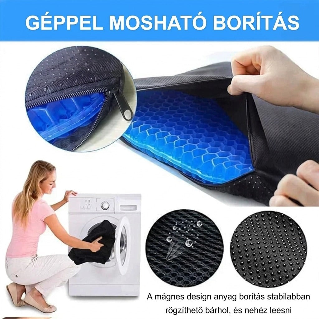 Géppel mosható, csúszásmentes huzatú zselés ülőpárna bemutatása mosógéppel és részletfotókkal.