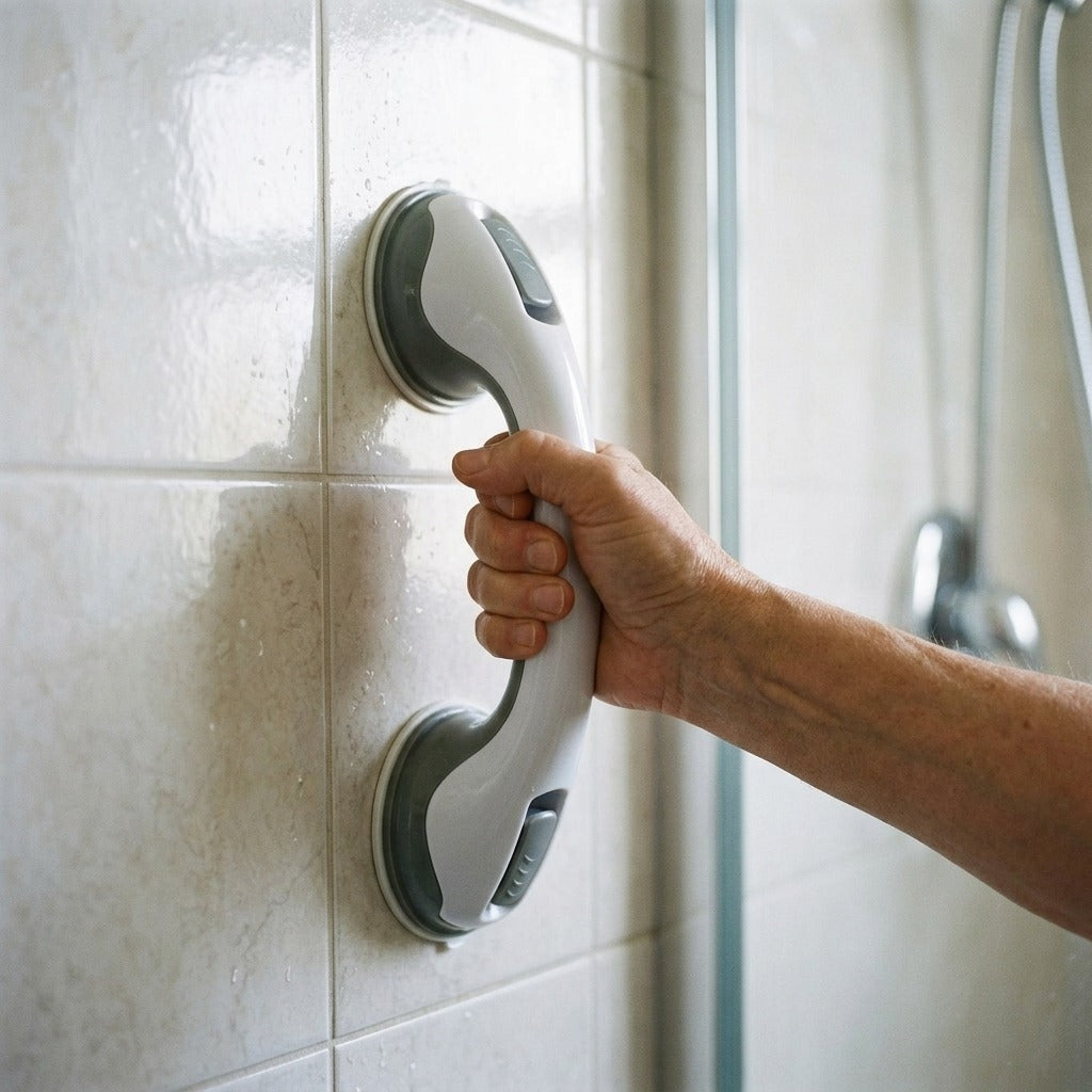 Dual-Locking Suction Cup Grab Bar for Shower or Bathtub - in use