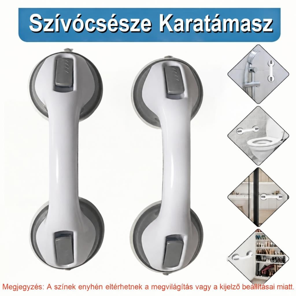 Vákuumos tapadókorongos kapaszkodó fürdőszobai használatra és különféle felszerelési példák.
