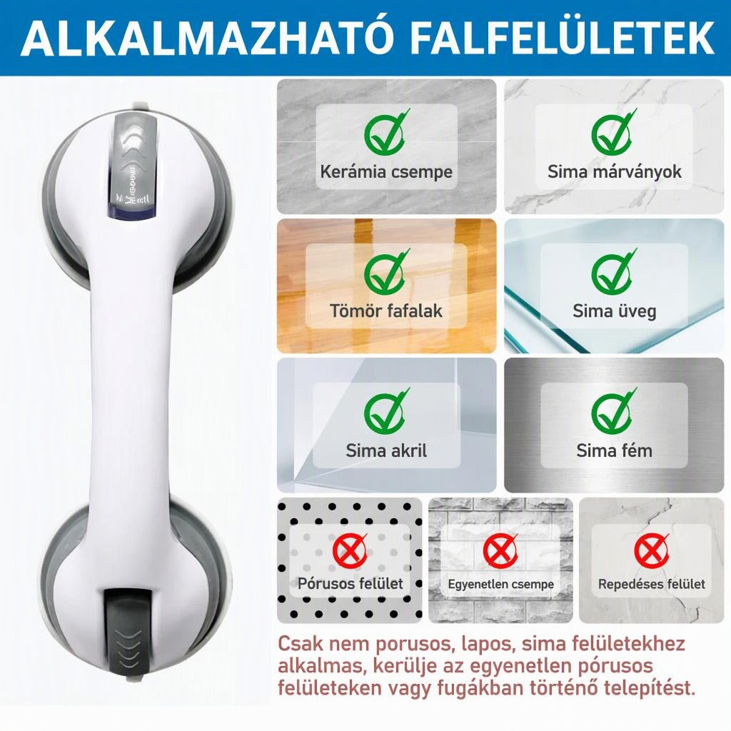 Vákuumos kapaszkodó használható és nem ajánlott falfelületeinek bemutatása.
