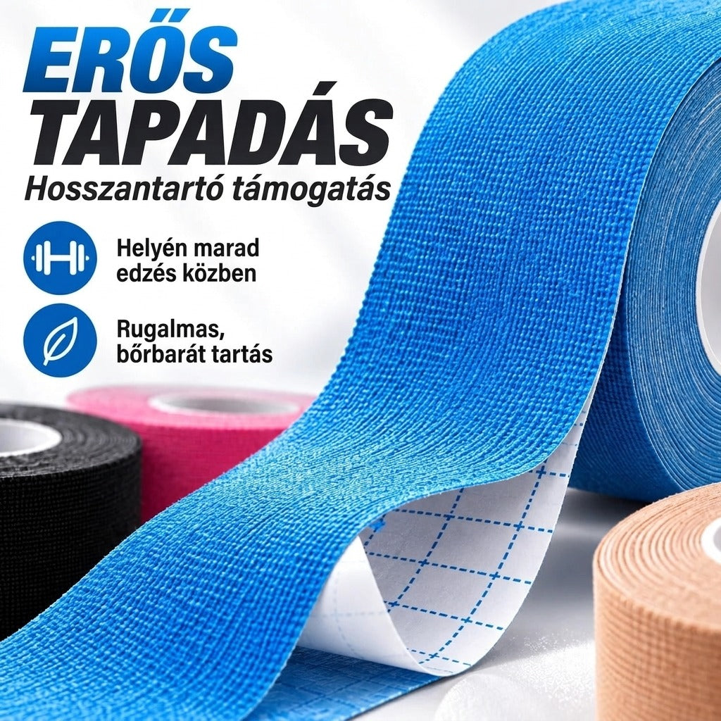 Erős tapadás - hosszantartó támogatás kék kineziológiai szalagokkal.