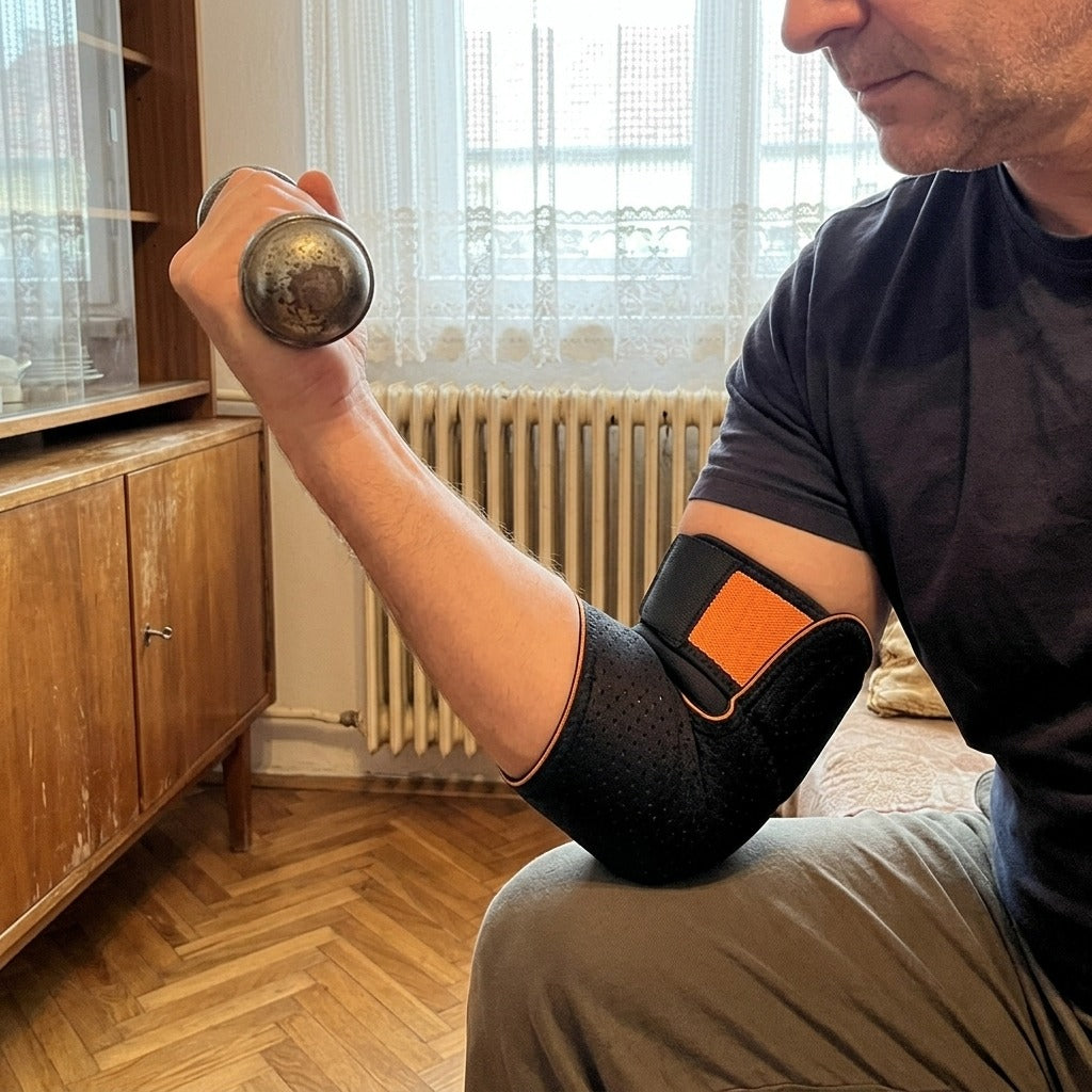 Kompressziós könyökhüvely sporthoz és súlyemeléshez - használat közben