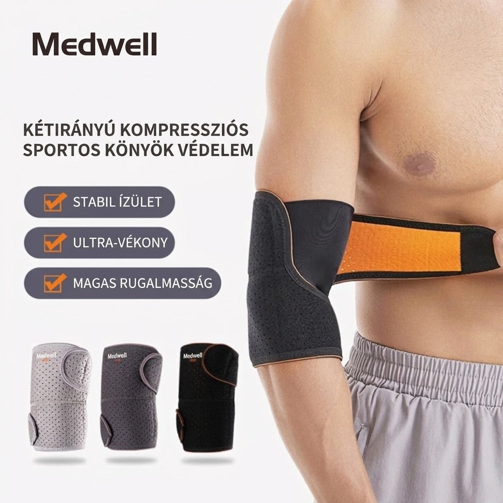 Medwell kétirányú kompressziós sportos könyök védelem jellemzőkkel
