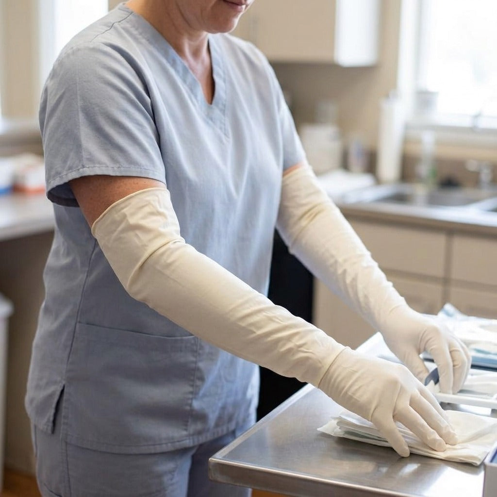 Elbow Extended Disposable Gloves - in use
