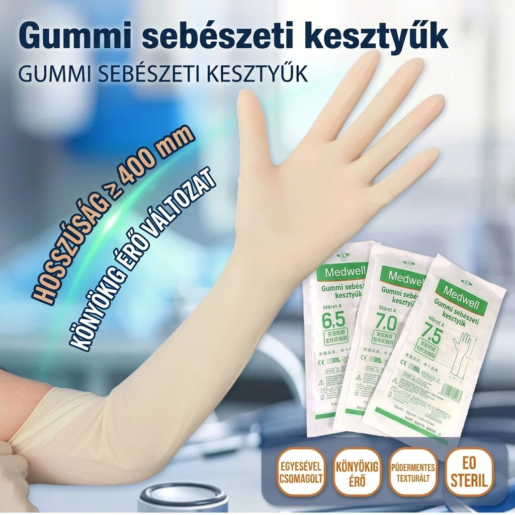 Hosszú szárú gummi sebészeti kesztyű kézen és csomagolásban.