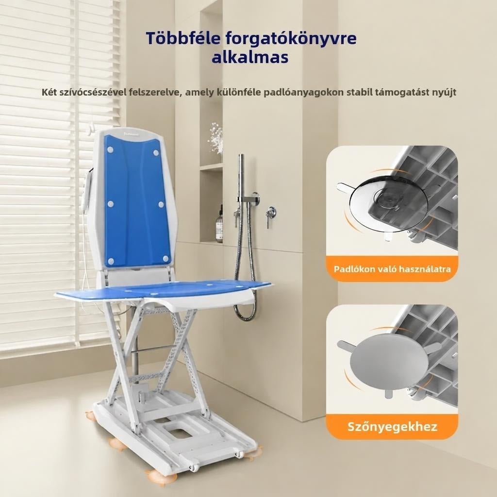 Állítható magasságú fürdetőszék padlóra és szőnyegre való tapadókorongos és lapos talppal.