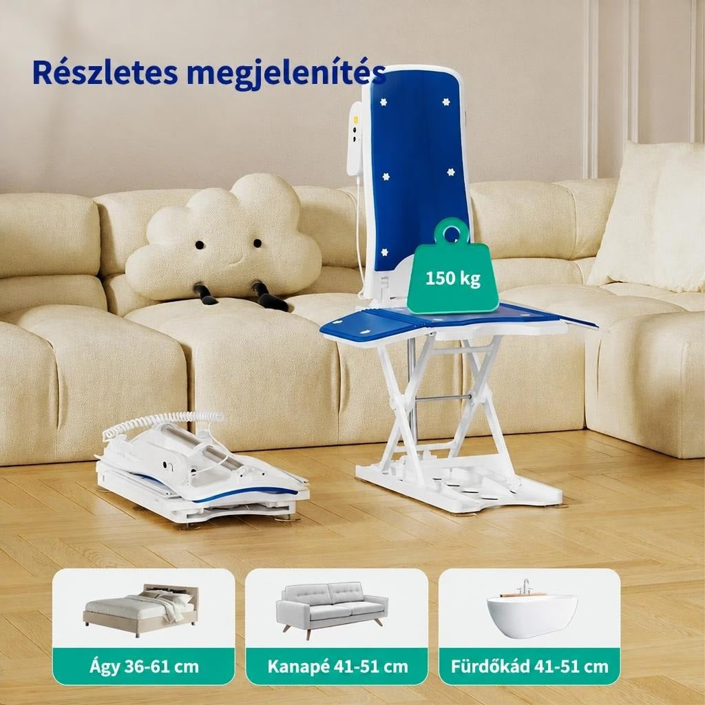 Állítható magasságú fürdőkádlift és összecsukott változata nappali környezetben bemutatva.