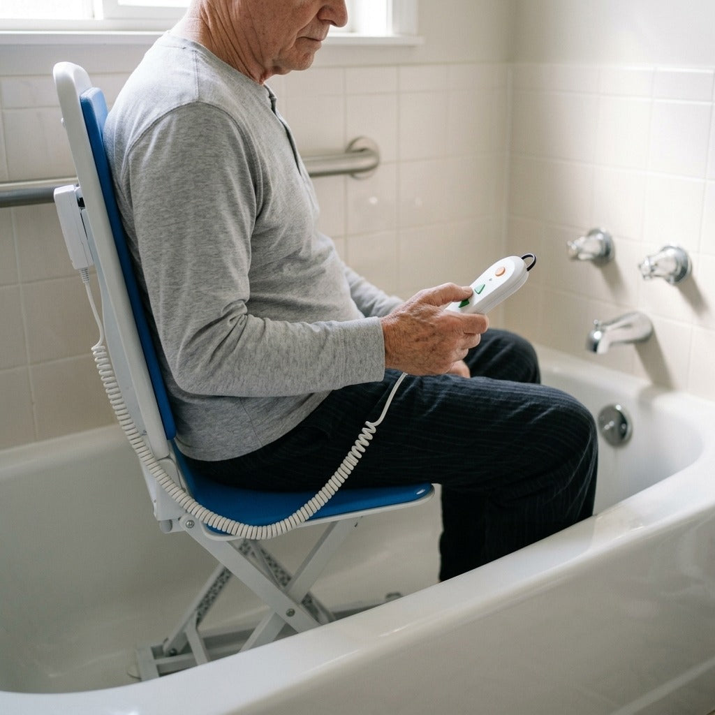 Electric Bath Lift Chair with Hand Control - in use