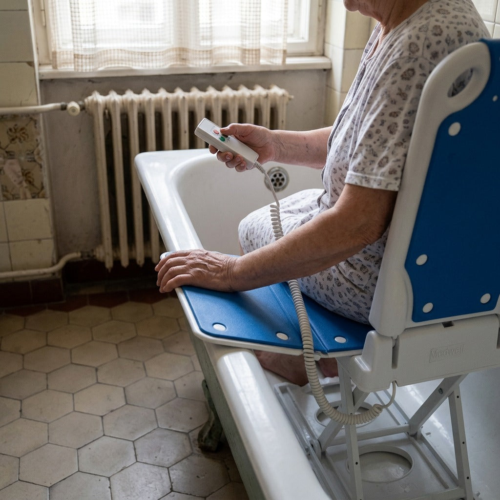 Elektromos fürdőkádemelő távirányítóval - használat közben