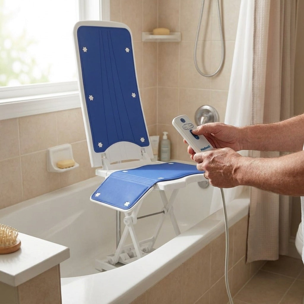Electric Bath Lift with Adjustable Reclining Seat - in use