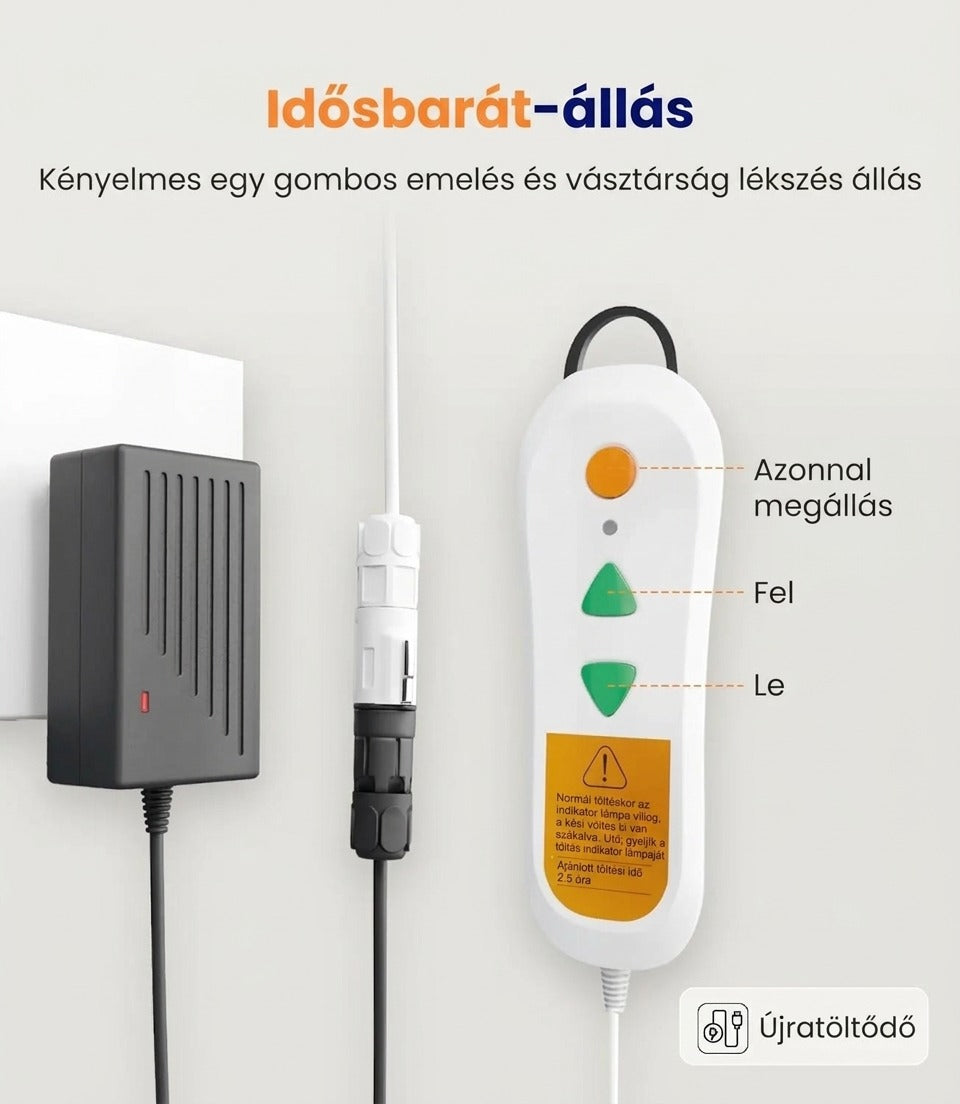 Idősbarát kézi távirányító és hálózati töltő bemutatása fel-le gombokkal.
