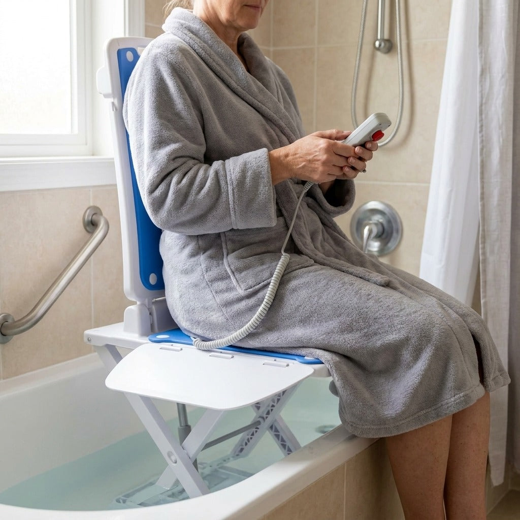 Electric Bathtub Lift Chair with Emergency Stop - in use