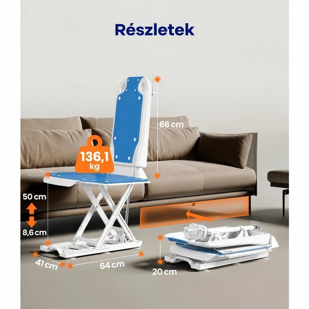 Összecsukható elektromos fürdőkádlift méretei nyitott és csukott állapotban, 136,1 kg teherbírással.
