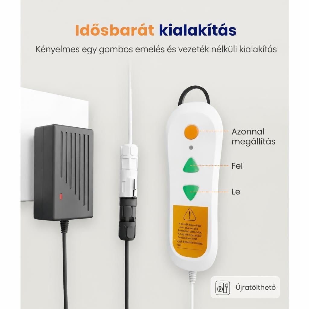 Távirányító idősbarát gombokkal a fel- és leemeléshez, valamint töltőegység.