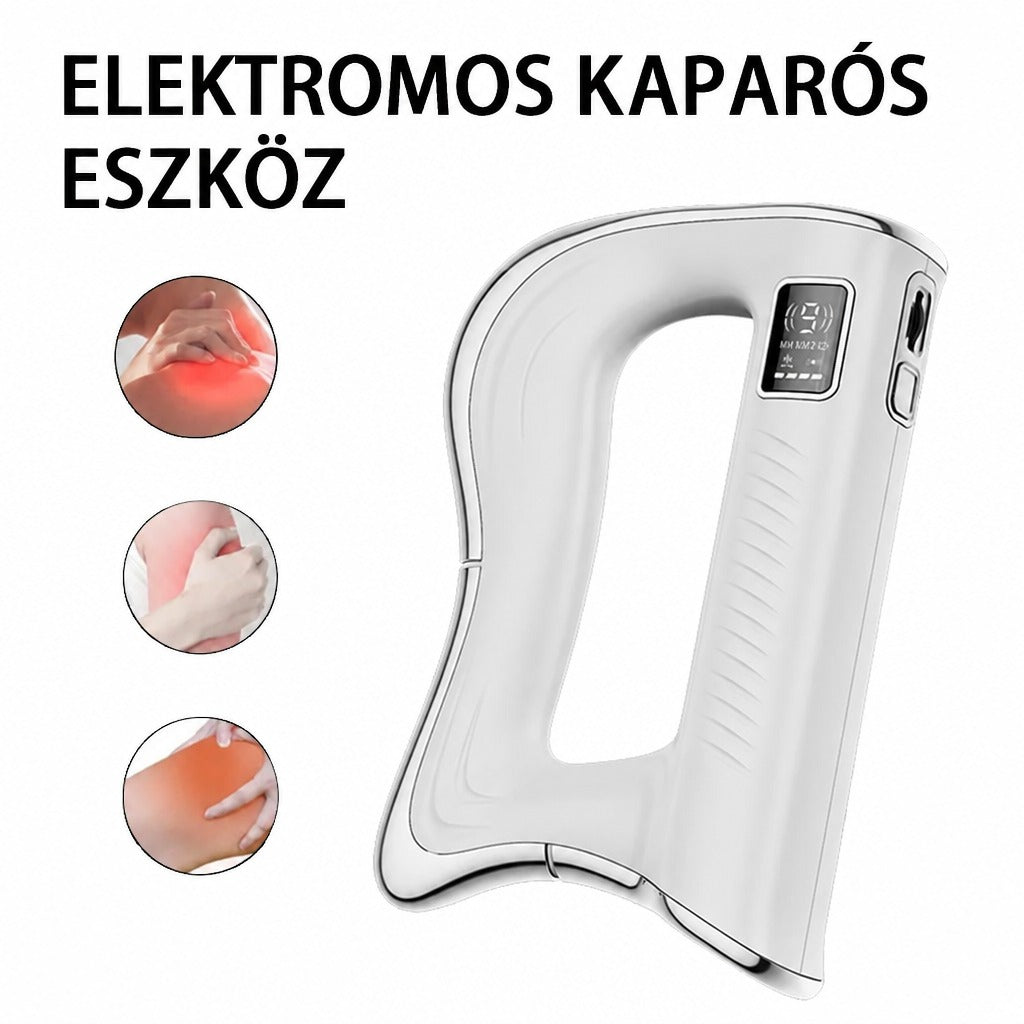 Fehér színű elektromos kaparós masszírozó eszköz kijelzővel és kezelési területeket mutató ábrákkal.