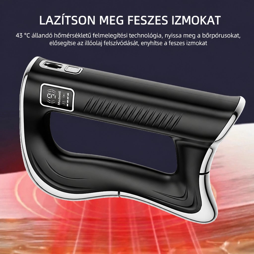 Fekete Medwell melegítő és masszírozó eszköz használat közben, vörös fényhatással.