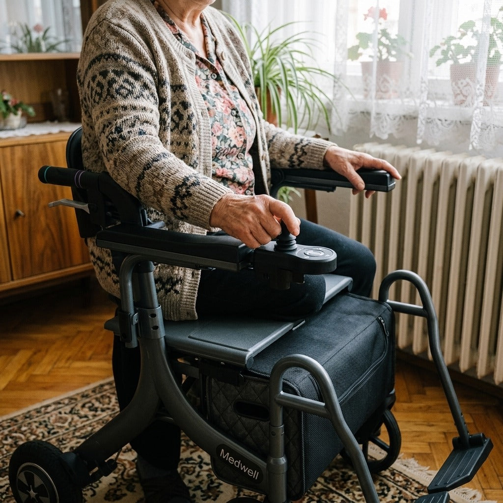 Elektromos, összecsukható rollátor üléssel - használat közben
