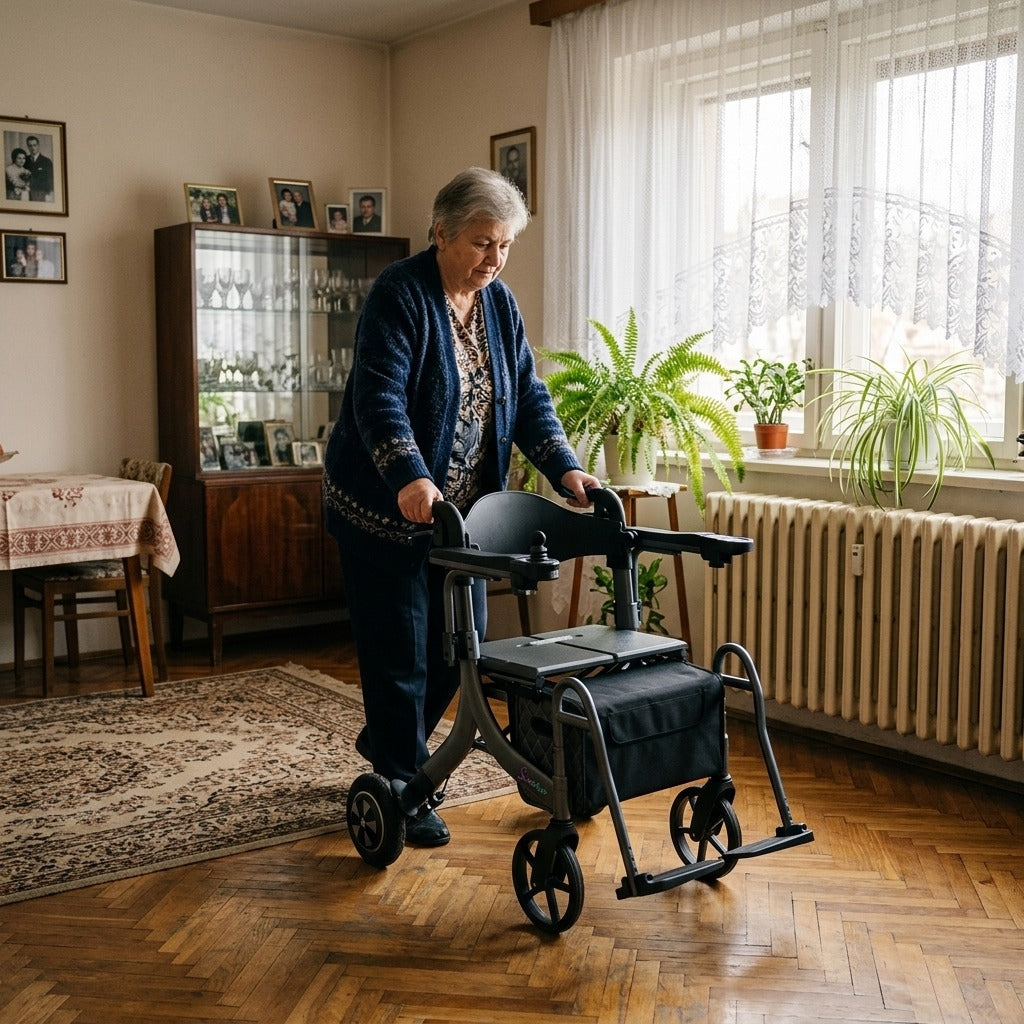 Elektromos, összecsukható rollátor üléssel - otthon