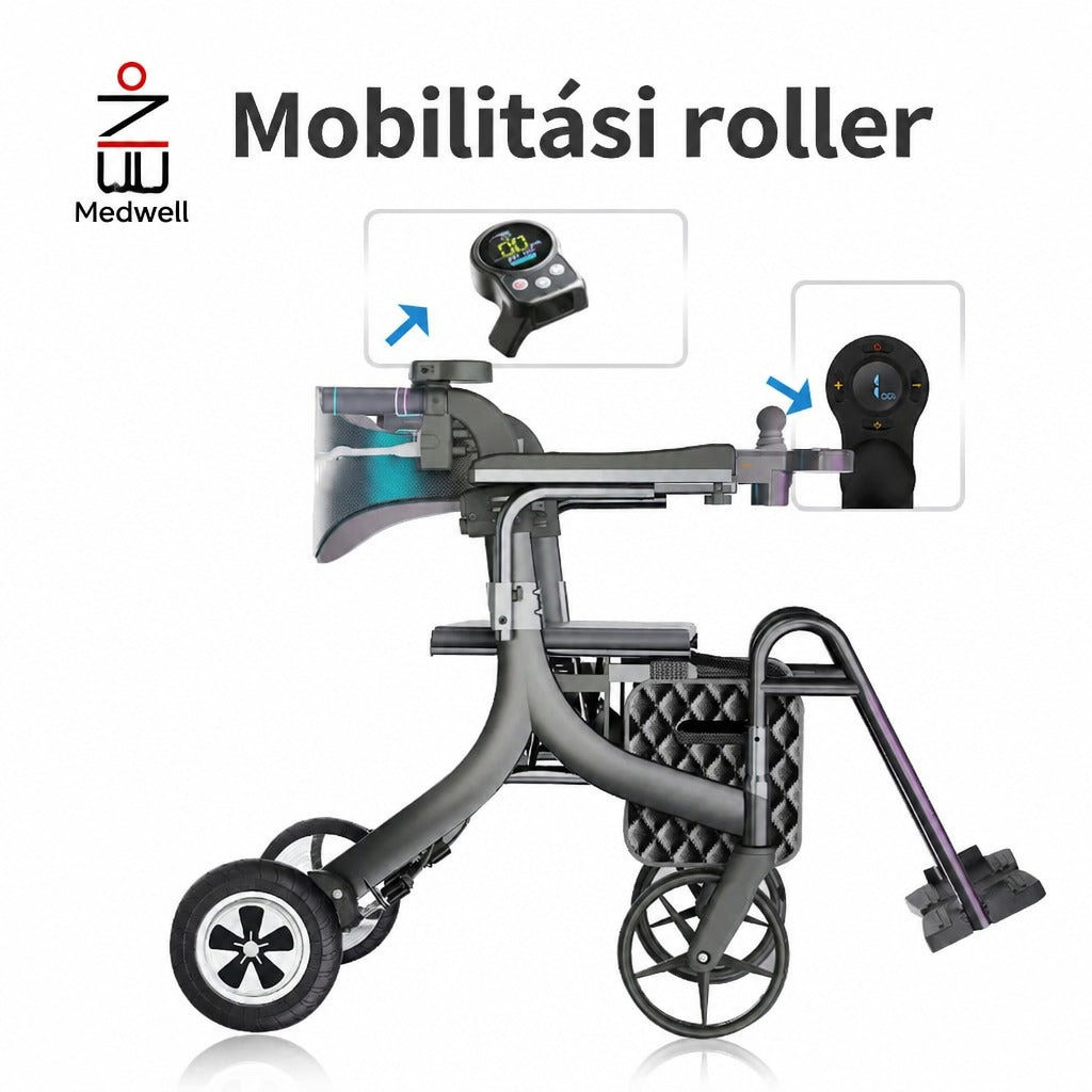 Elektromos mobilitási roller és kerekesszék vezérlőegységekkel.