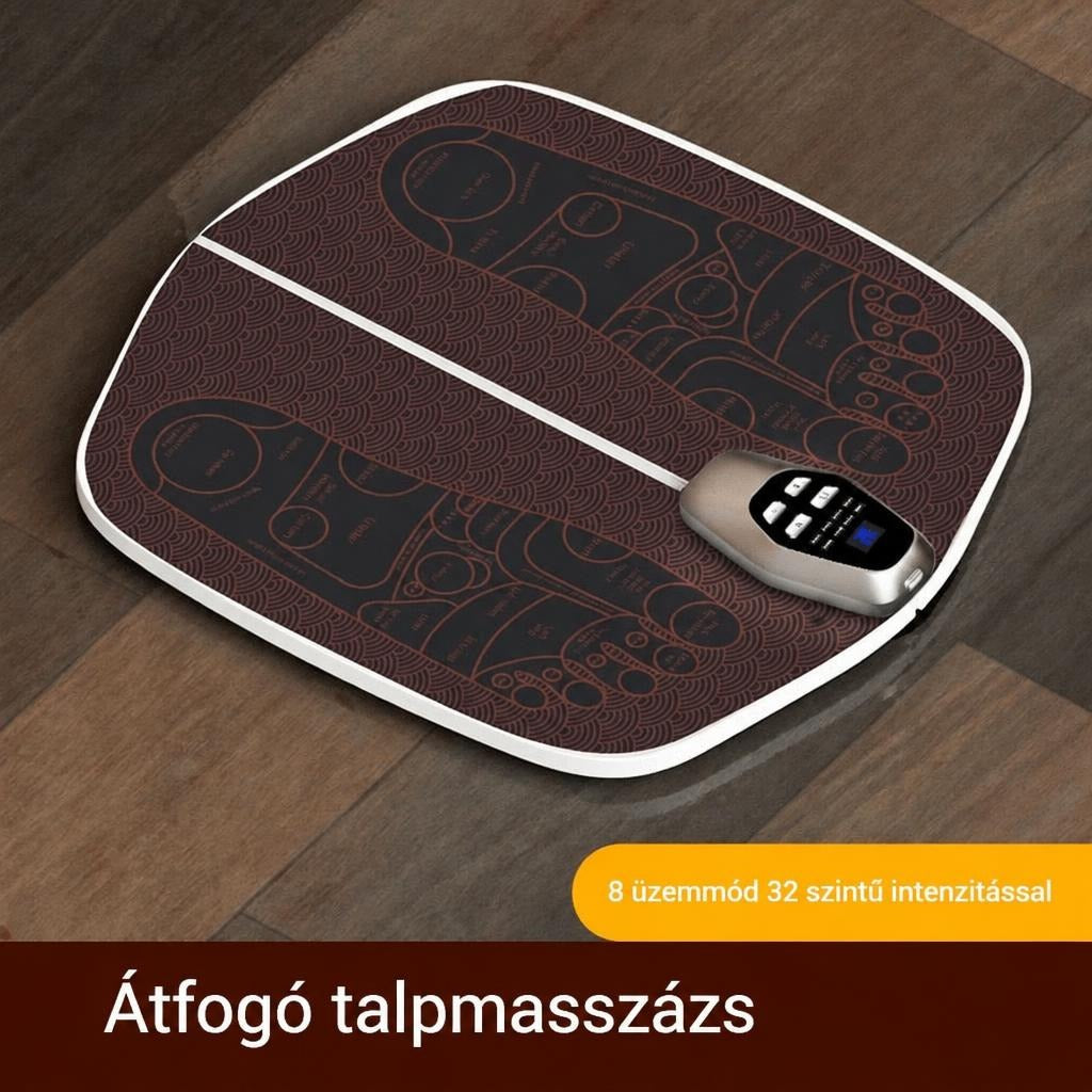EMS talpmasszírozó szőnyeg távirányítóval fapadlón elhelyezve.