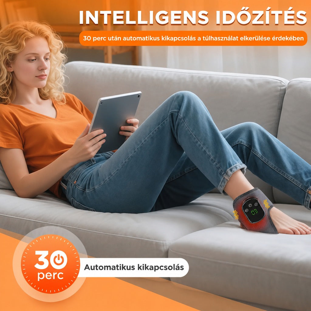 Kanapén pihenő nő bokamasszírozóval, intelligens időzítő funkcióval.