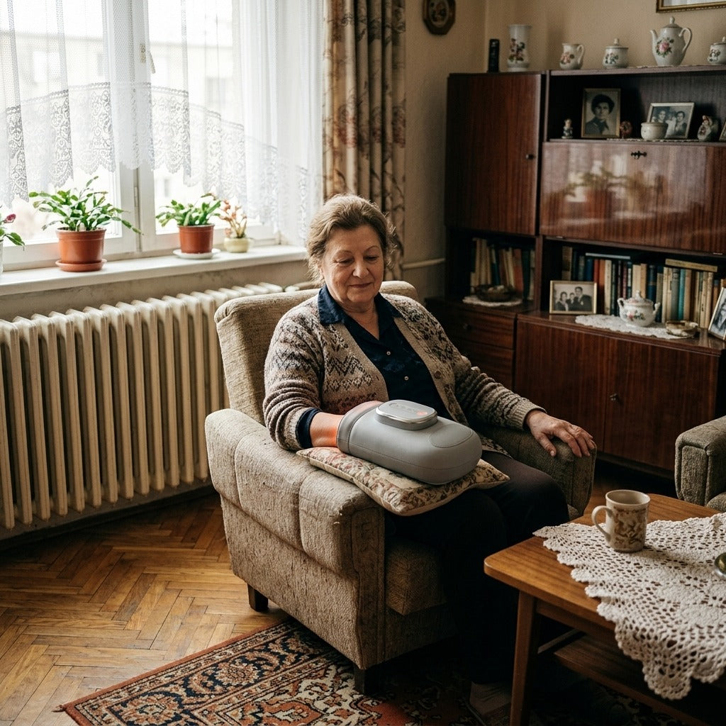 Elektromos kézmasszírozó légpárnás kompresszióval és vibrációval - a mindennapokban
