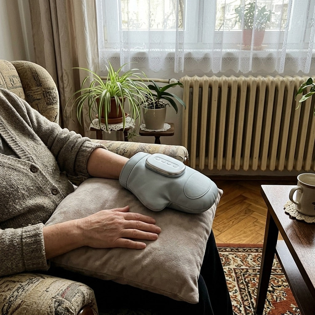 Elektromos kézmasszírozó légpárnás kompresszióval és rezgéssel - használat közben