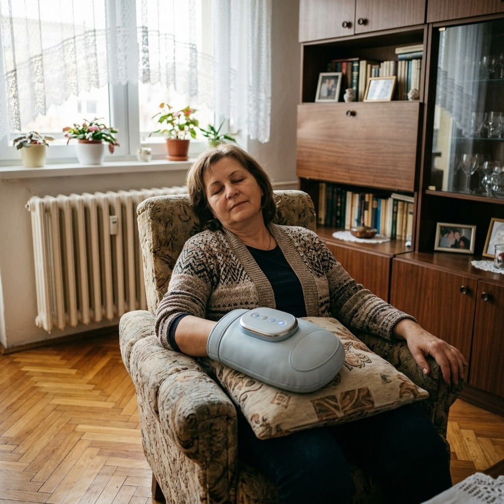 Elektromos kézmasszírozó légpárnás kompresszióval és rezgéssel - a mindennapokban