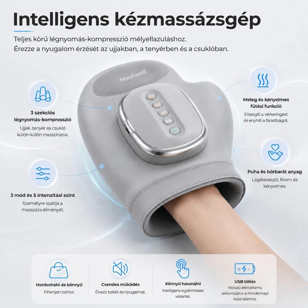 Medwell intelligens kézmasszírozó gép bemutatása funkciókkal és jellemzőkkel.