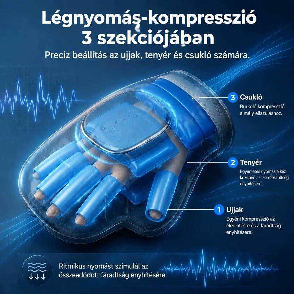 Kézmasszírozó készülék működés közben a csukló, a tenyér és az ujjak kompressziós zónáival.
