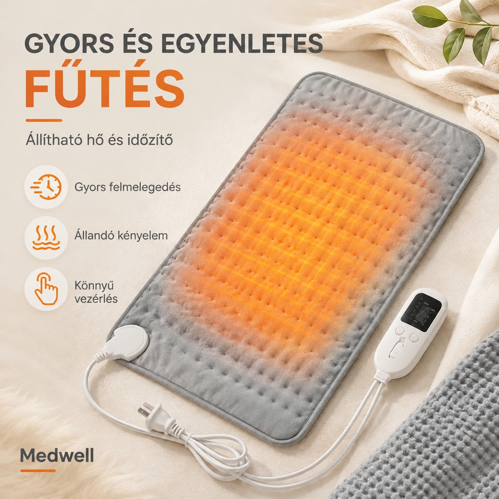 Medwell elektromos melegítőpárna távirányítóval és gyors felfűtési funkcióval.