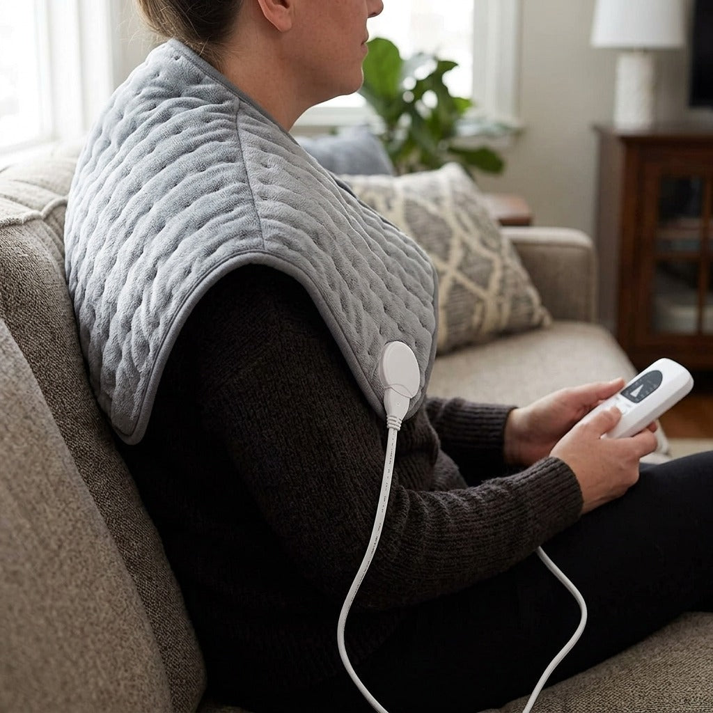 Electric Heating Pad for Shoulders, Back and Legs - in use
