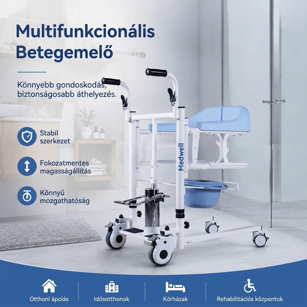 Medwell multifunkcionális betegemelő és transzferszék fürdőszobai környezetben.