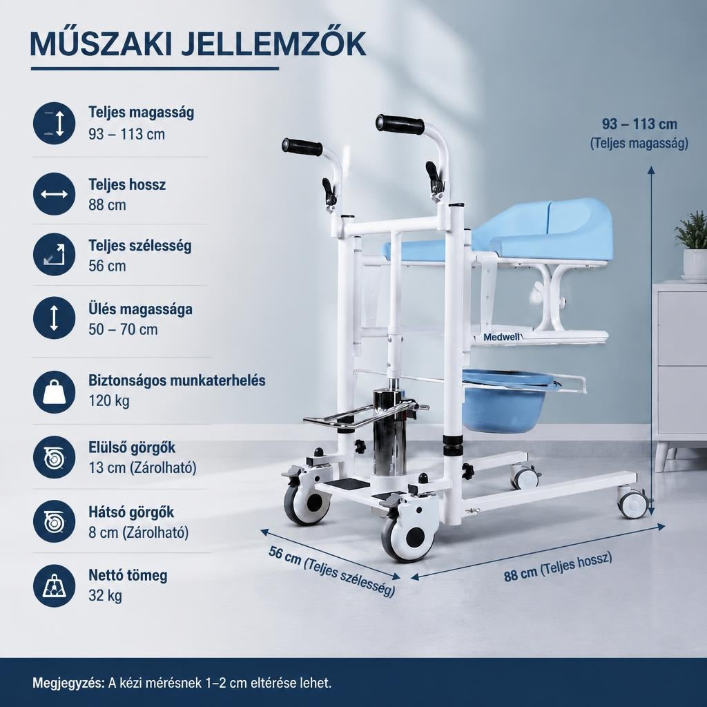 Betegmozgató szék műszaki adatai és méretei bemutató ábrával.