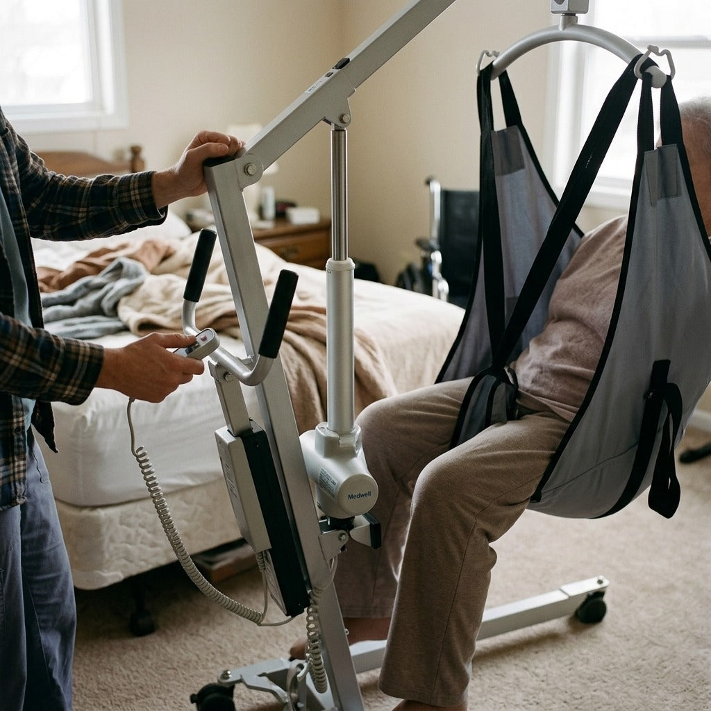 Electric Patient Hoist with Sling - in use