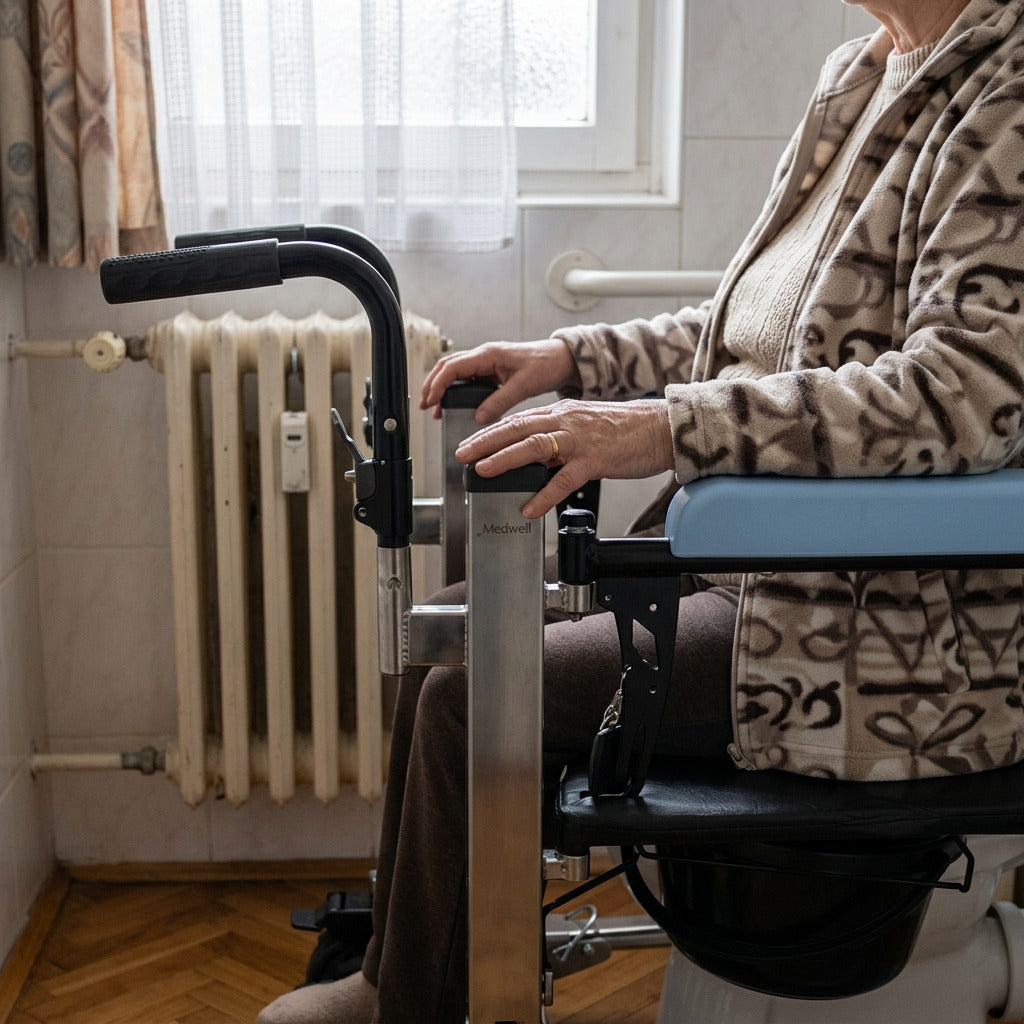 Elektromos betegmozgató szék fürdőszobába - használat közben