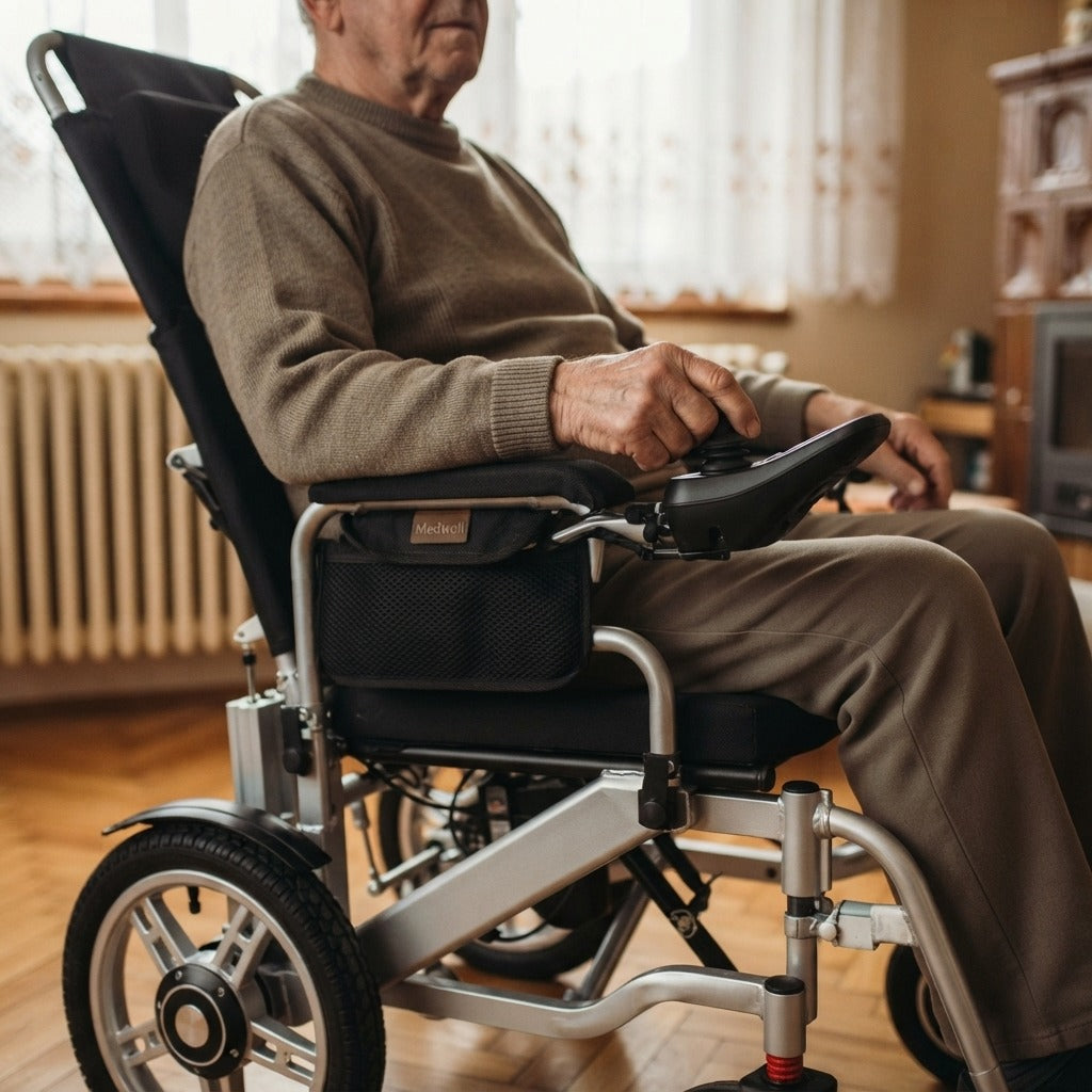 Elektromos kerekesszék dönthető háttámlával - használat közben
