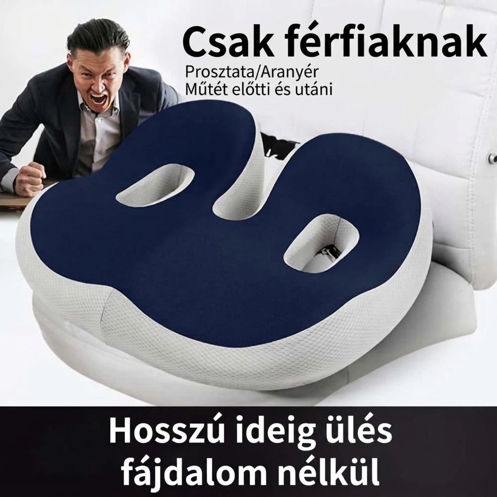 Ergonomikus férfi ülőpárna prosztata- és aranyérpanaszok enyhítésére egy irodai széken.