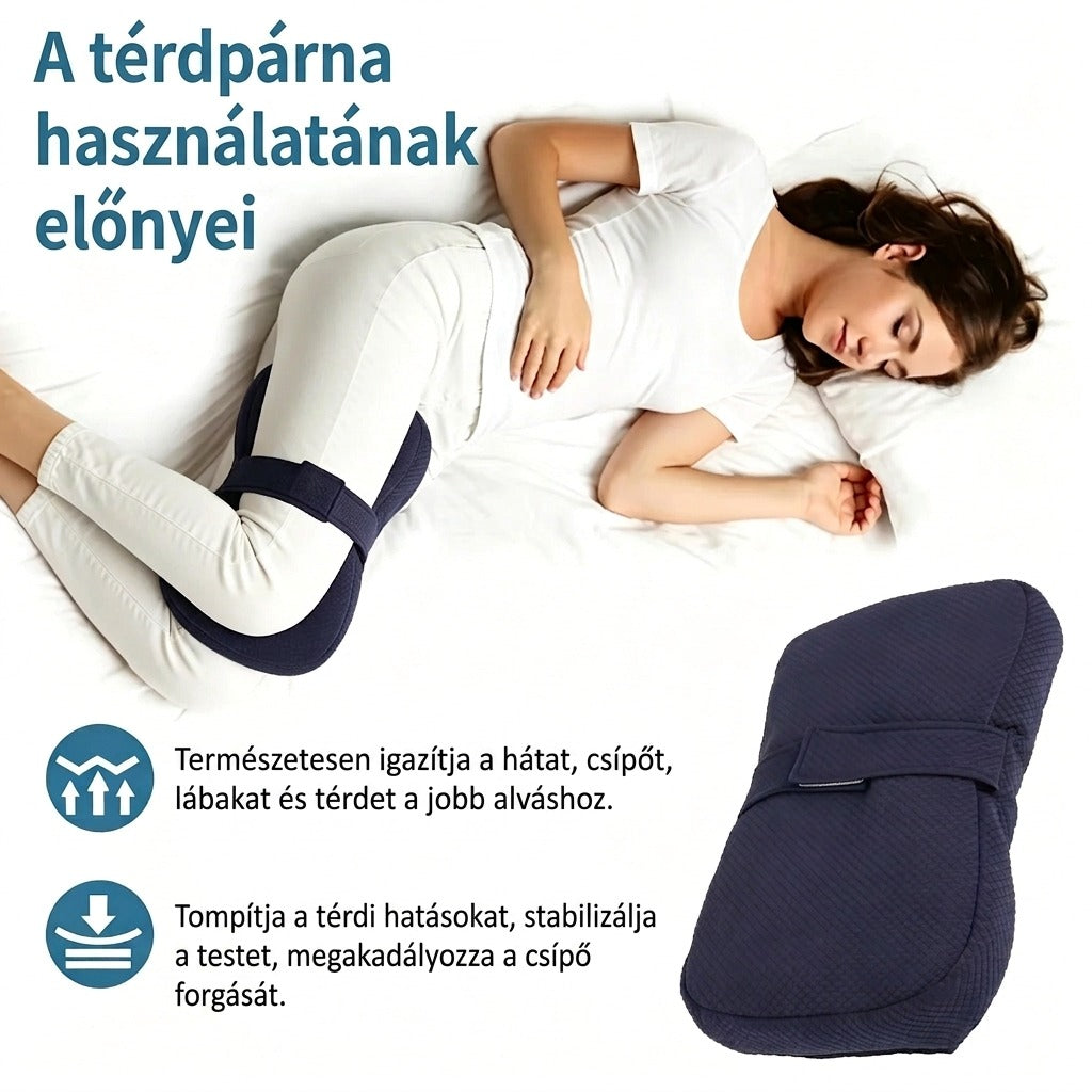 Alvó nő a lábai közé helyezett sötétkék térdpárnával és a használat előnyei.
