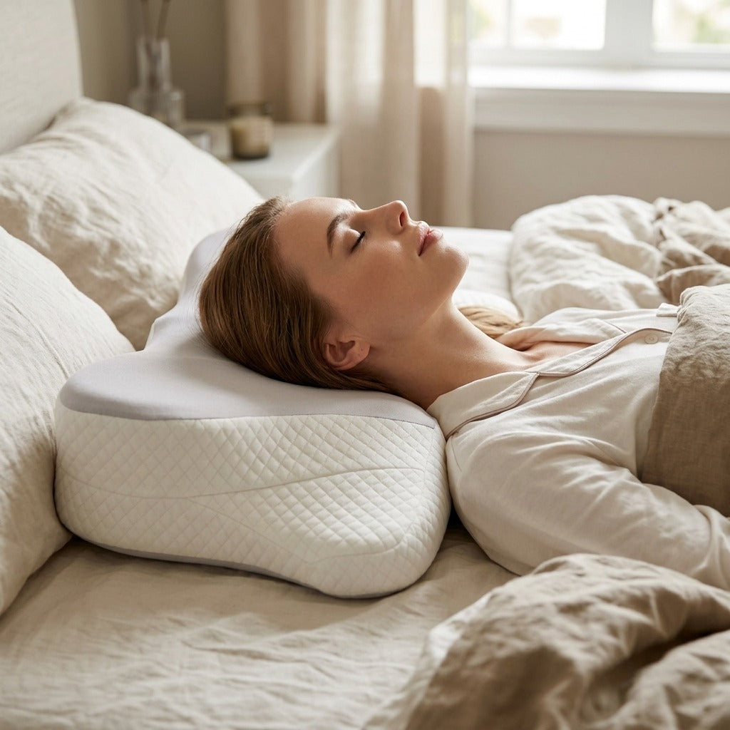 Ergonomic Memory Foam Bed Pillow with Cooling Pillowcase - in use