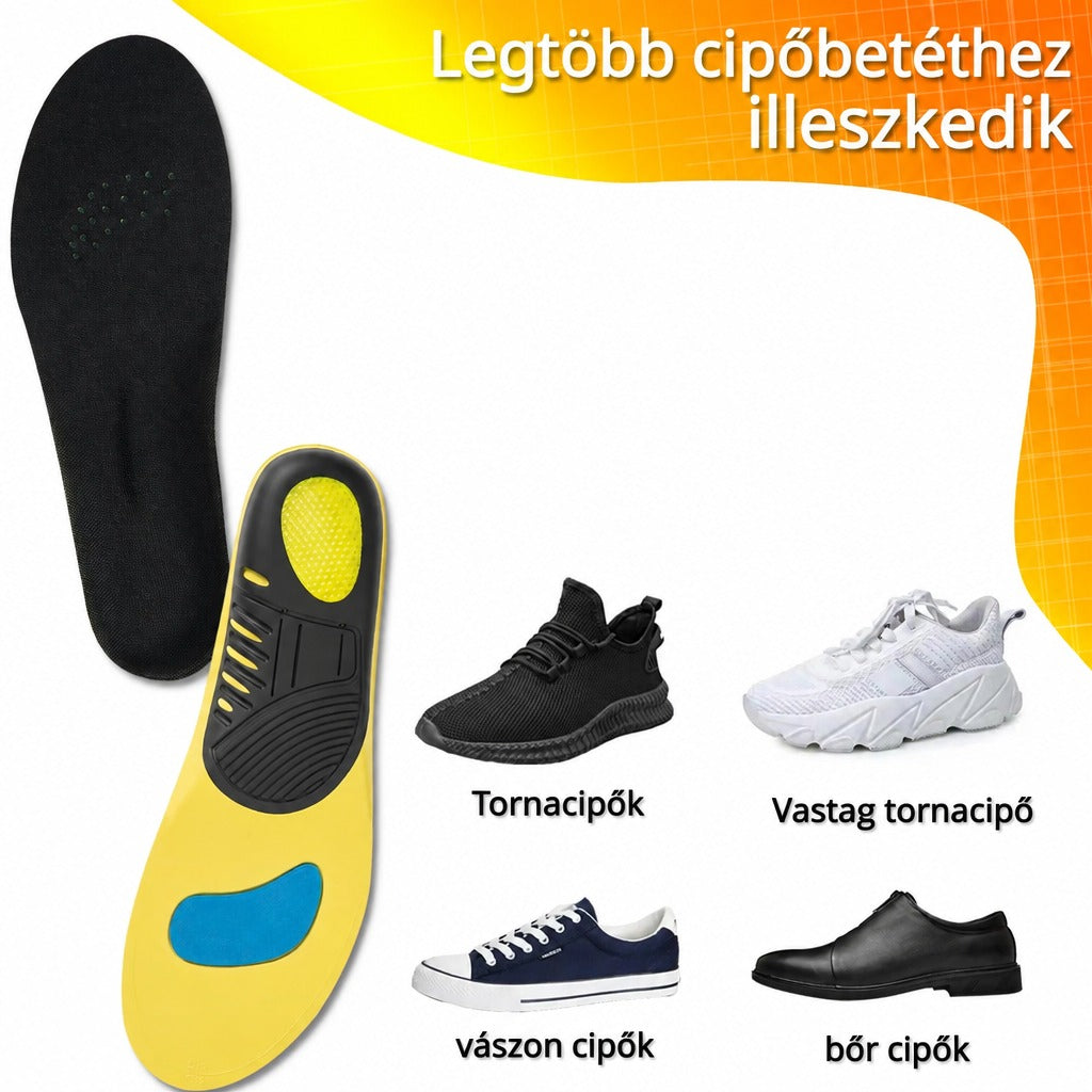 Cipőbetétek és különböző típusú cipők: tornacipők, vastag tornacipő, vászoncipők és bőrcipők.