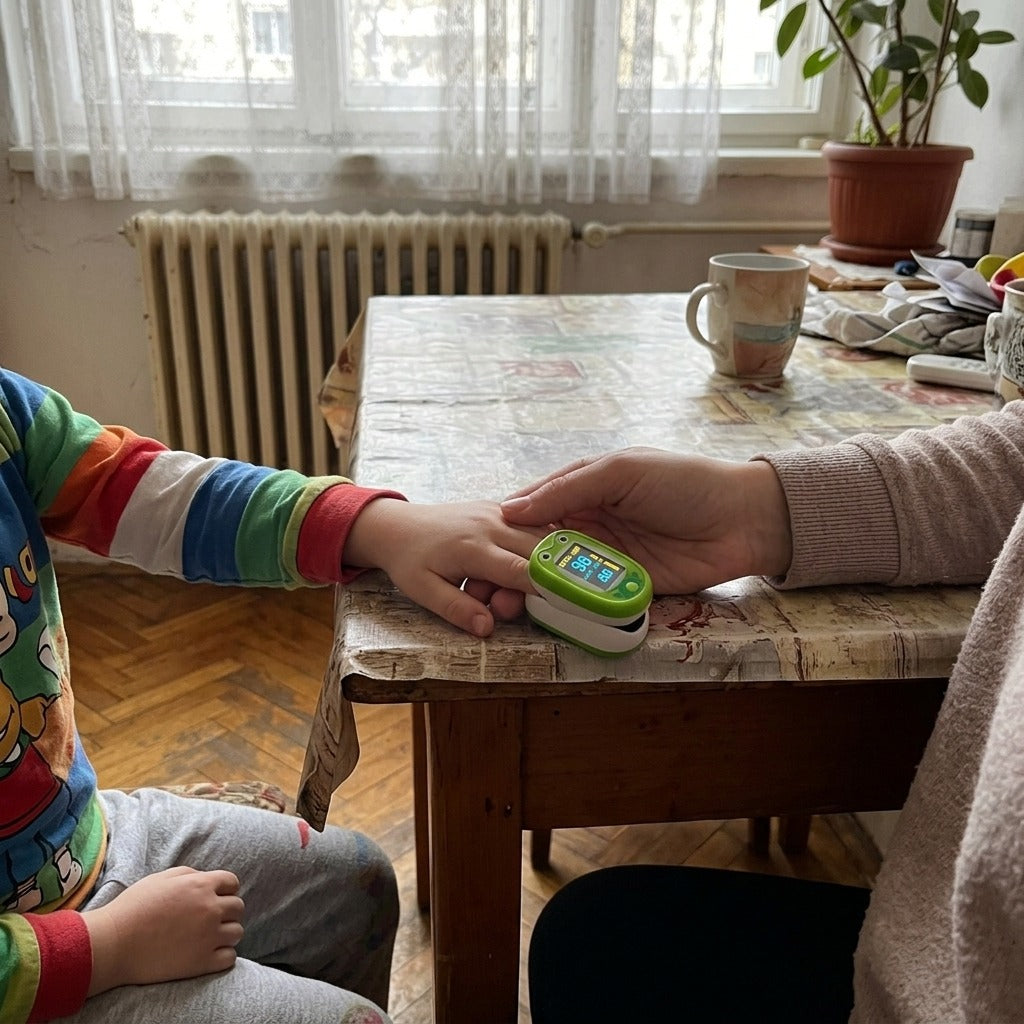 Ujjbegyes pulzoximéter HD LED-kijelzővel, gyerekeknek szánt rajzfigurás mintával - használat közben